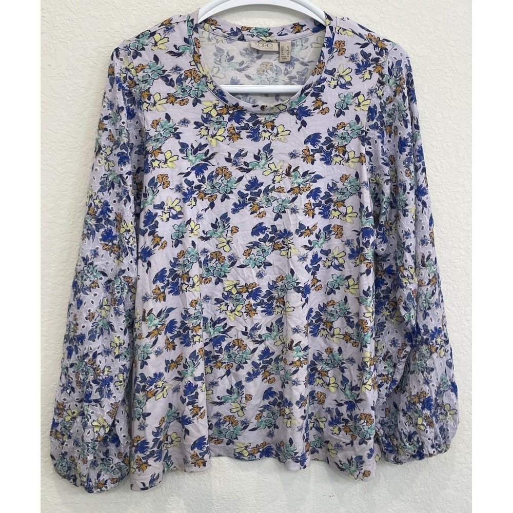 LOGO Lori Goldstein‎ Top Women's XS Purple Floral Eyelet Sleeve Flowy Blouse
